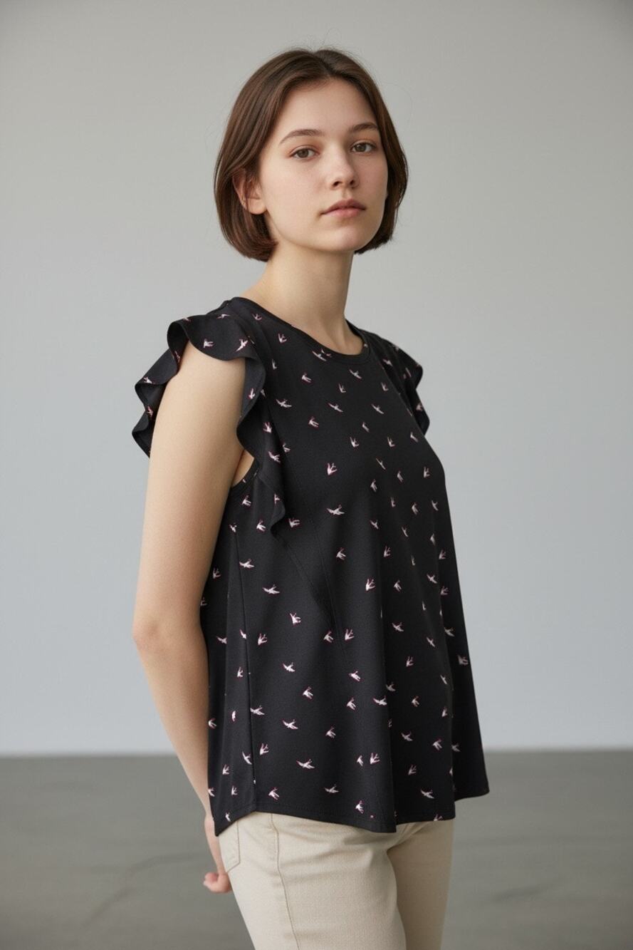 Banana Republic Factory black flutter sleeve top pink bird sparrow print Size XL